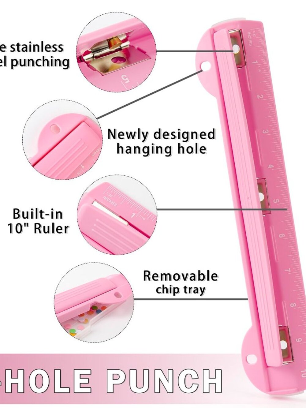 3 Ring Hole Puncher for Binders,Pink,with 10" Ruler, Plus Paper-chip Tray Design - Picture 2 of 6
